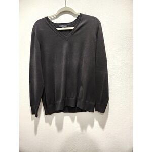 Lands' End V Neck Knit Sweater‎ Women's L Cotton Blend Stretch Black 14-16